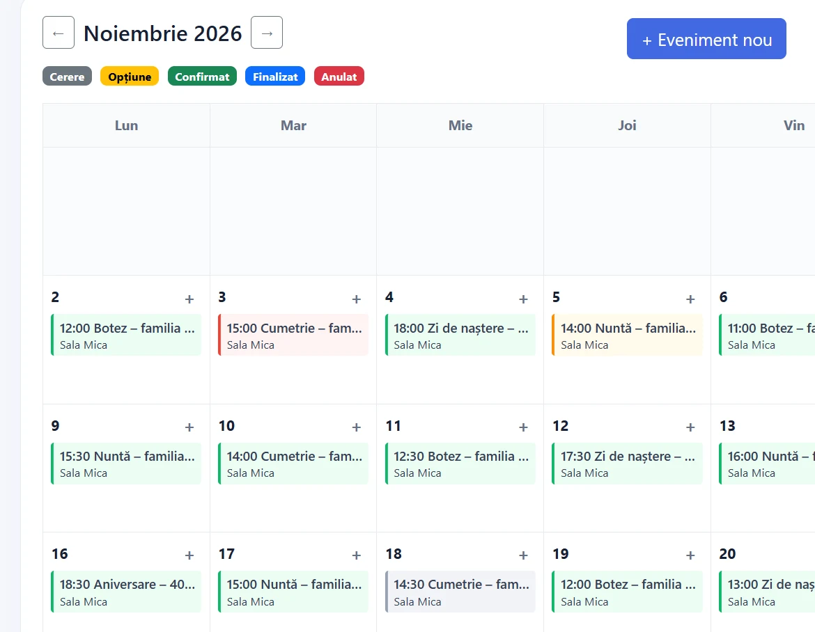 Previzualizare a calendarului Salio pentru planificarea rezervărilor și evenimentelor